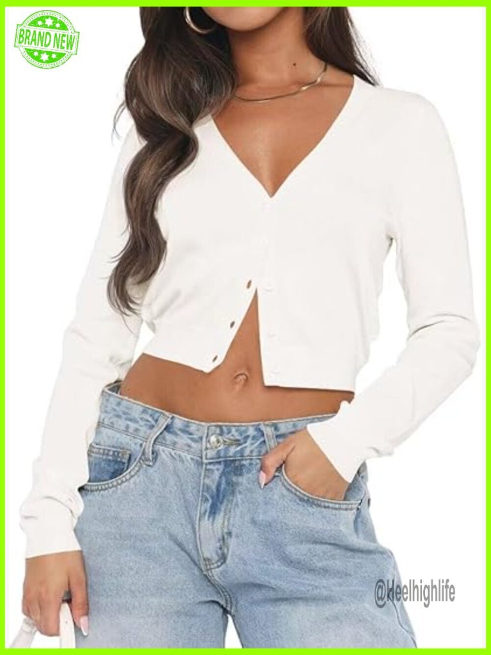 Long Sleeve V-Neck Cardigan Cropped Open Front Button Down Lightweight